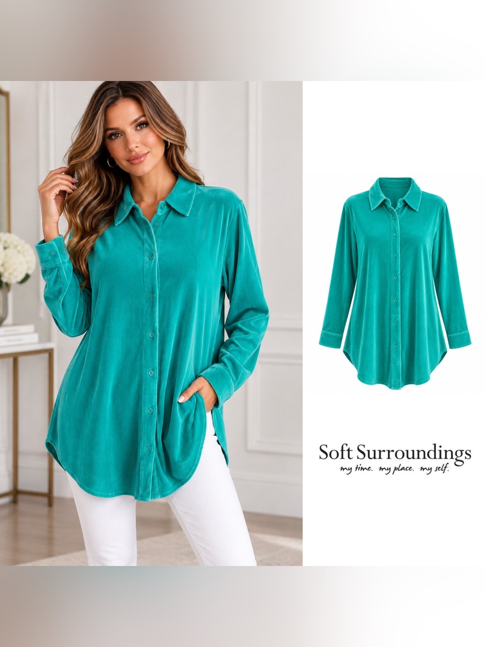 NEW Soft Surroundings Women's Teal Button-Down Shirt